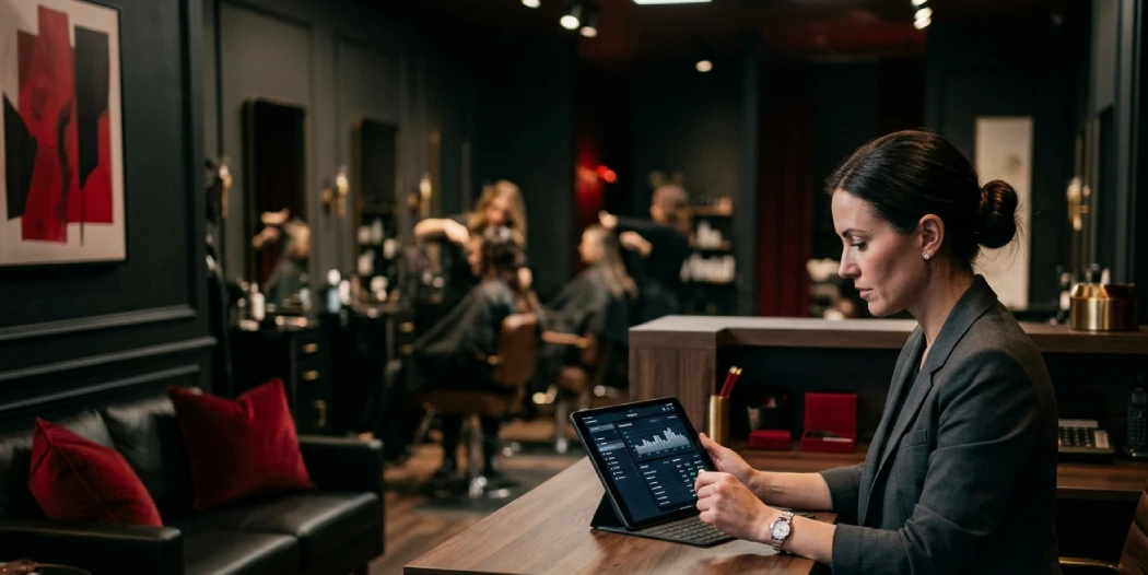 Salon owner reviewing business performance on a tablet