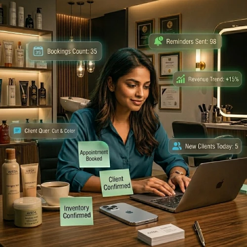 Salon manager using software dashboard with calm workflow